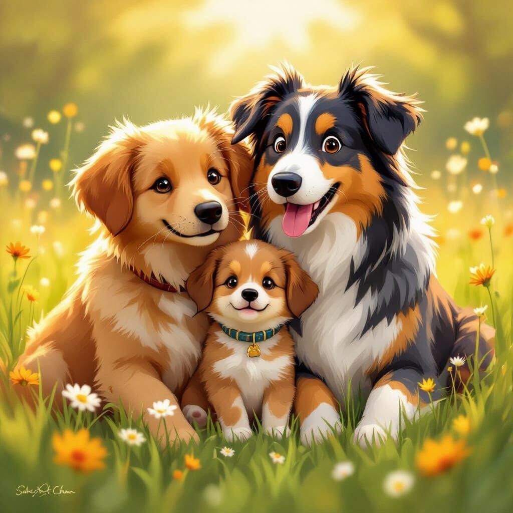 Puppy Snuggles with Parents in Whimsical Digital Art Style