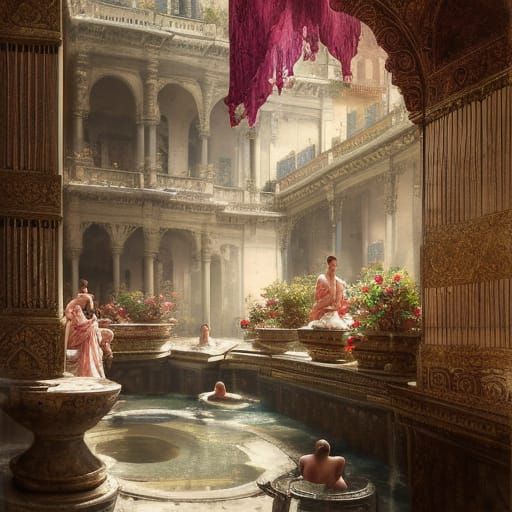 Ornate Oriental Bath House in Detailed Matte Painting Style