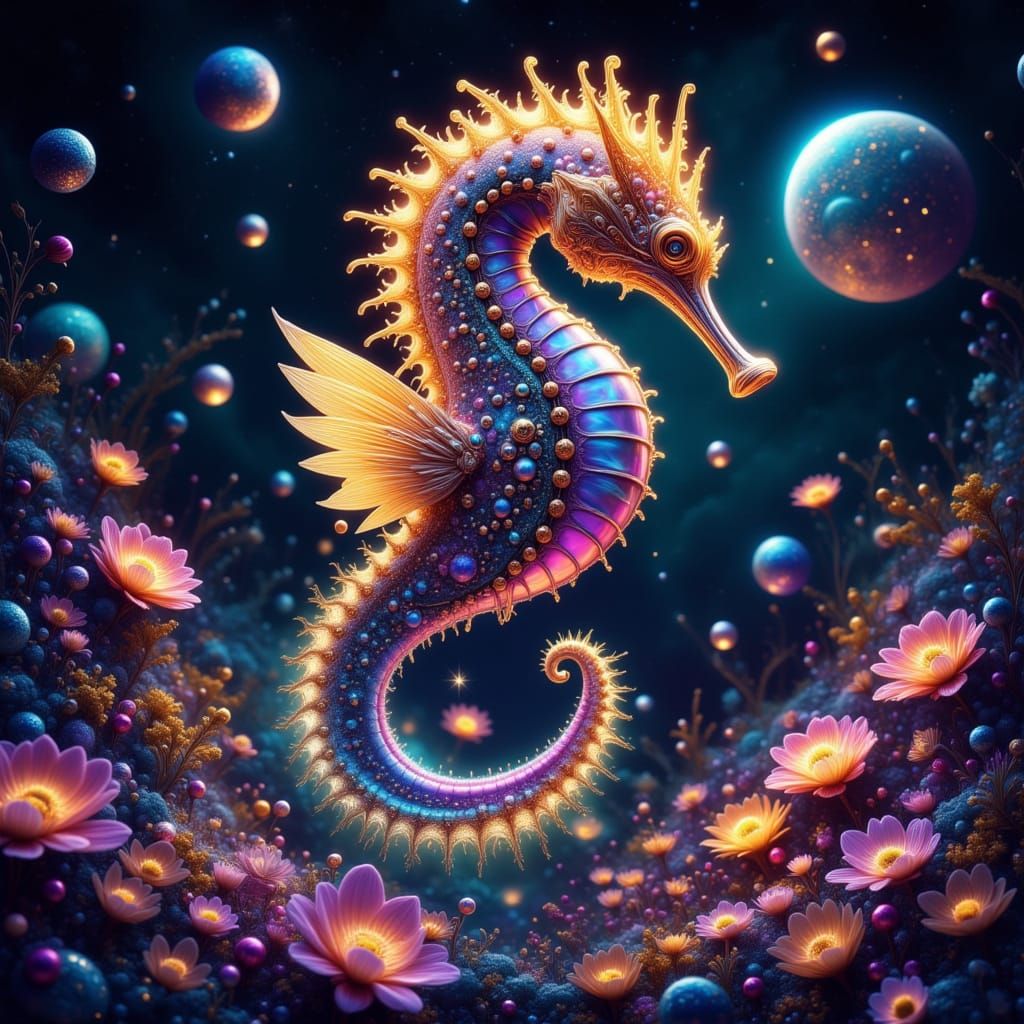 Bioluminescent Seahorse in Dreamy Alien Landscape
