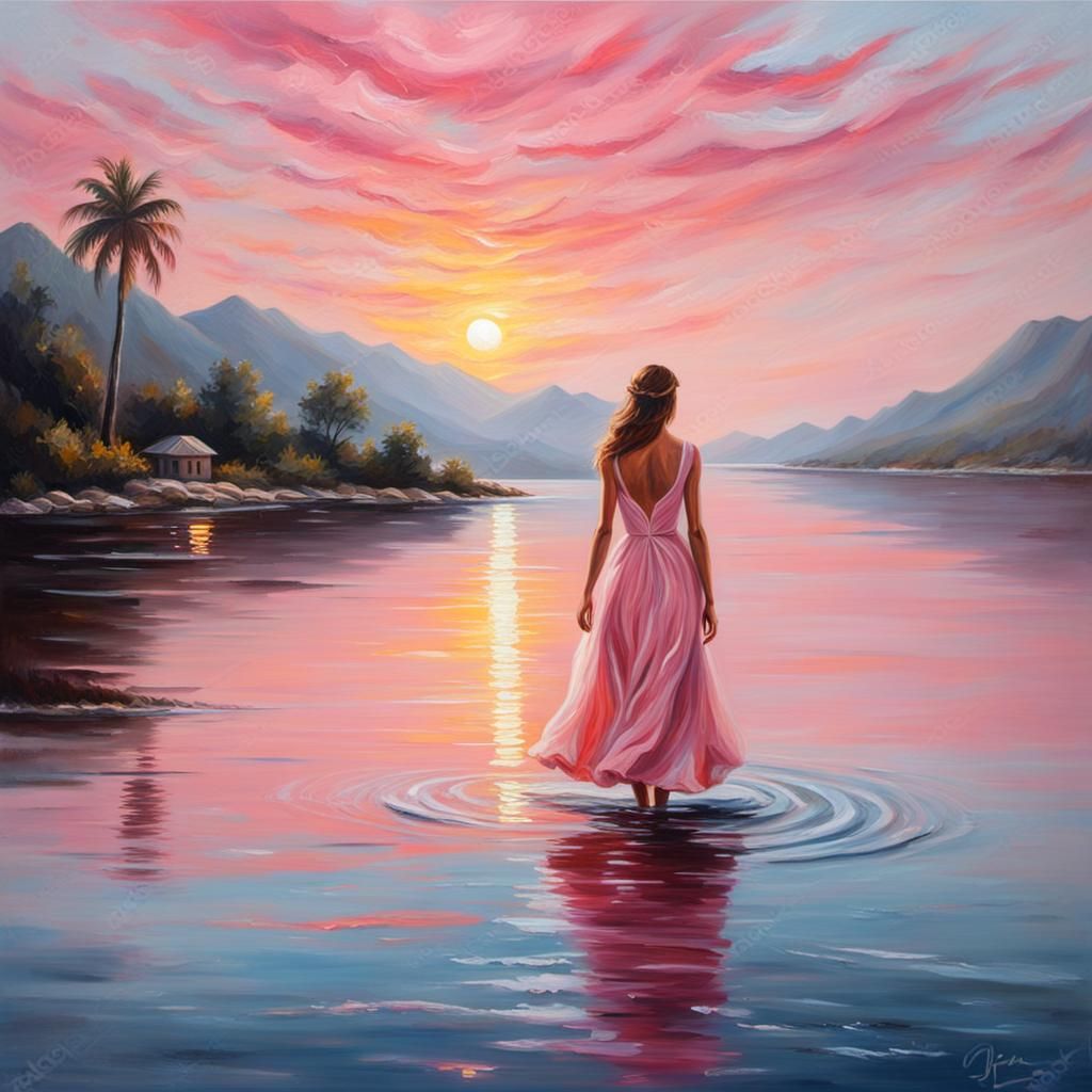 Girl in Pink Dress Walks on Water: Oil Painting