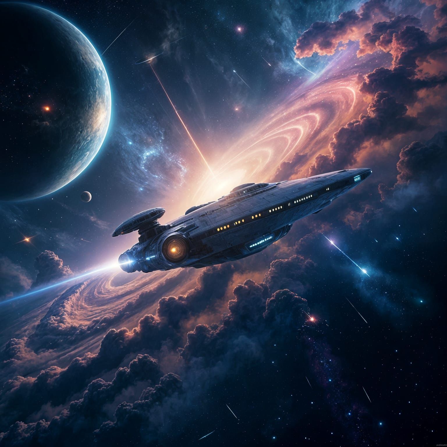 Majestic Starship Navigating Cosmic Storm