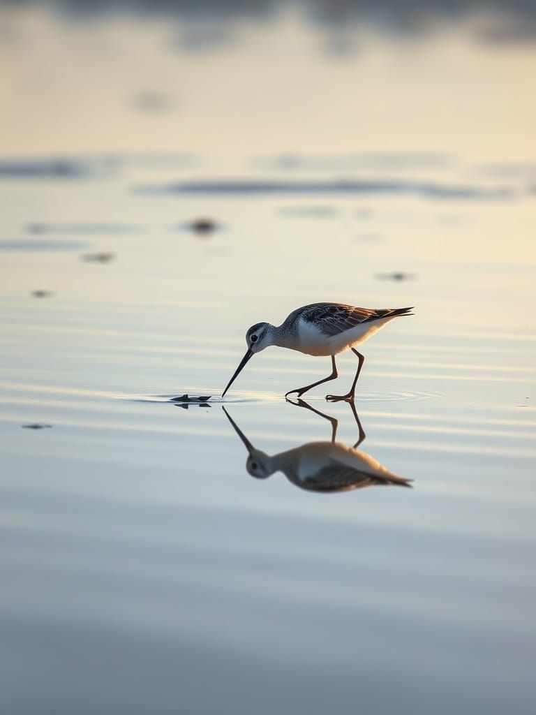 Spoon-Billed Sandpiper Foraging in Reflective Mudflats