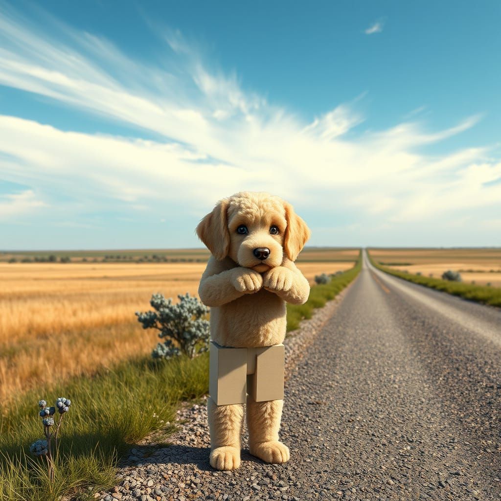 Cubist Child with Puppy in Prairie Landscape