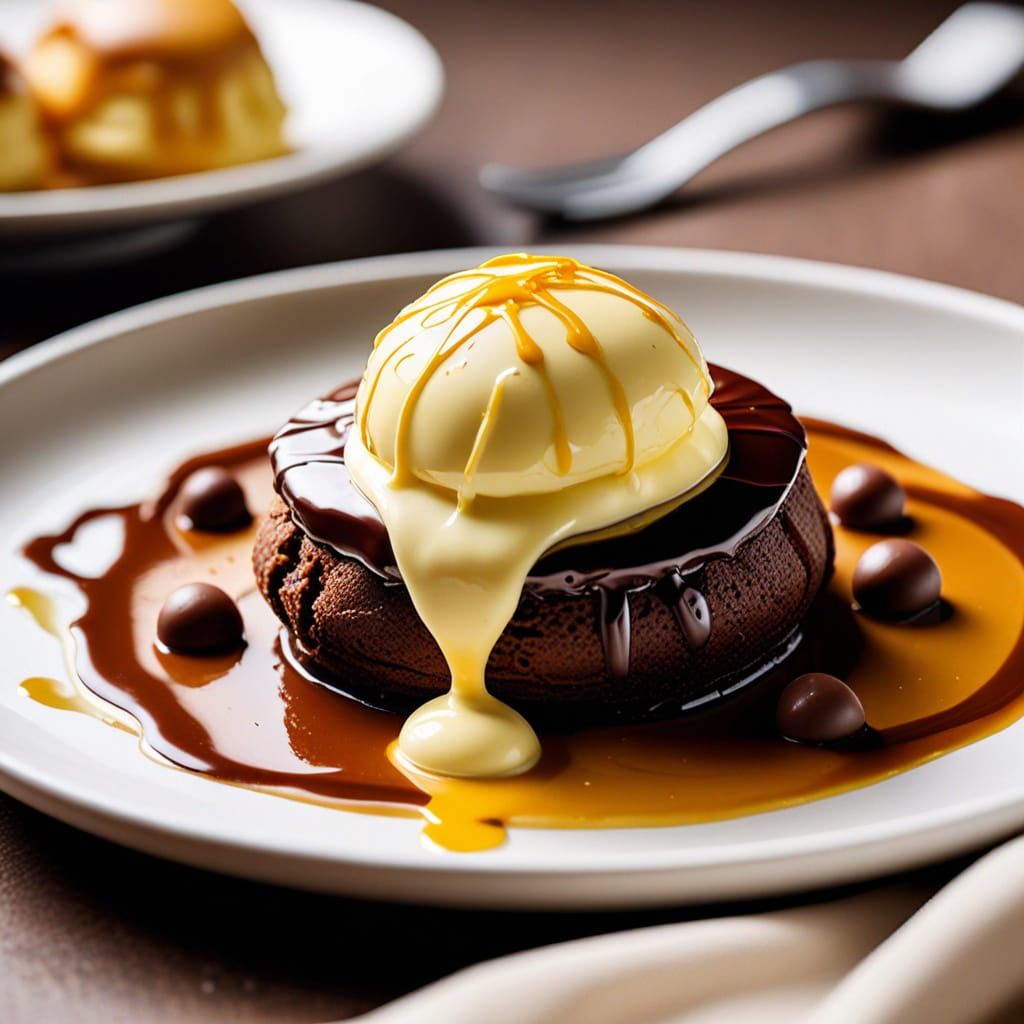 Zoom  sur  UN PETIT CHOUX A LA CREME AU CHOCOLAT  ET CREME ANGLAISE dans une jolie assiette anglaise, coloré appétissant...
