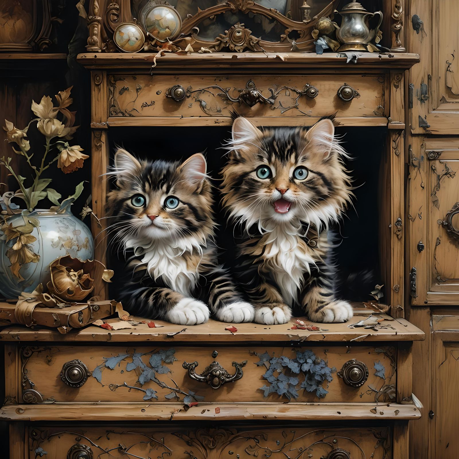 Kittens Playing in Dresser Drawer in Dark Fantasy Style