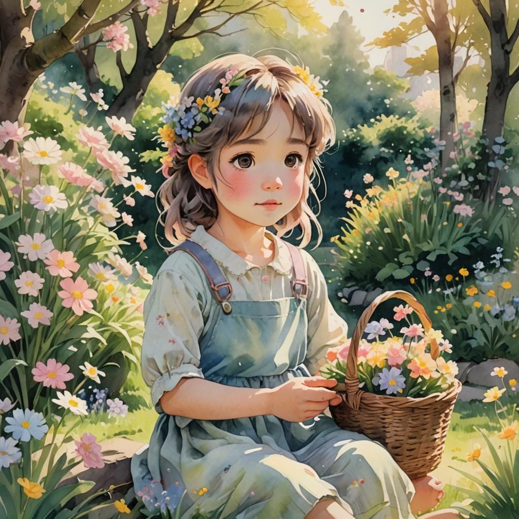 Anime Girl in Garden with Flowers in Watercolor Style