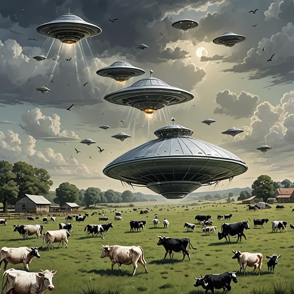 Grey Aliens Stealing Cows in Flying Saucer