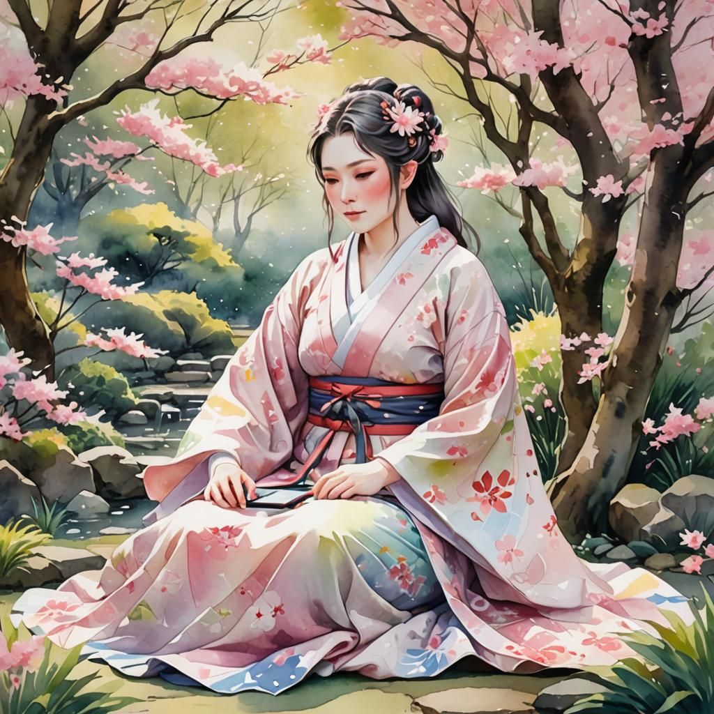 Anime Elf in Kimono Watercolor Painting