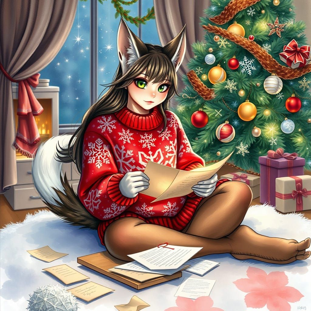 Fantastical Feline Woman Reads to Santa in Whimsical Christm...