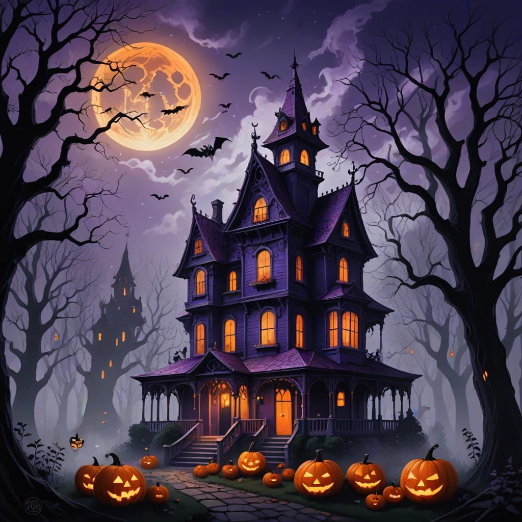 Haunted House in Misty Forest on Halloween Night