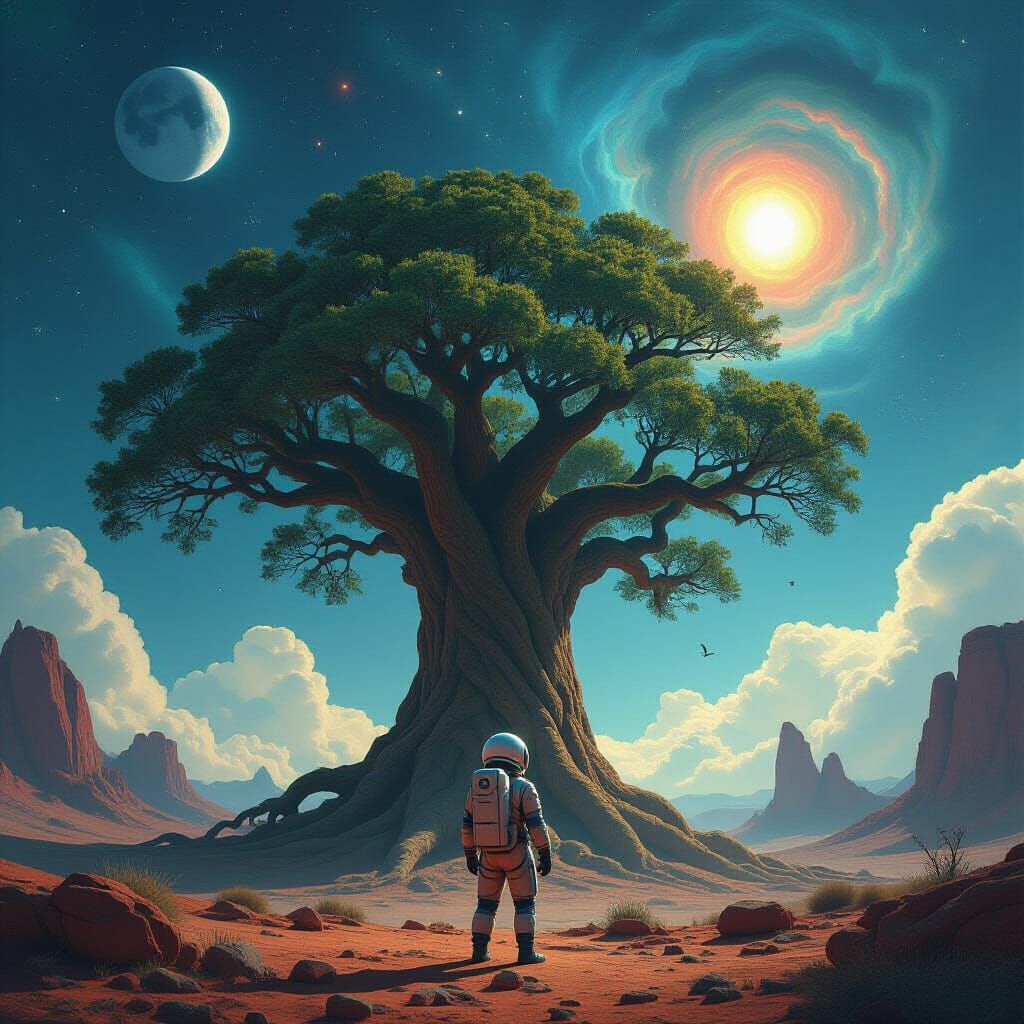 Astronaut and Ancient Tree on Alien Planet
