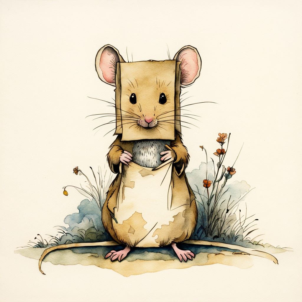 Shy Mouse Hides Under Paper Bag: Watercolour Illustration