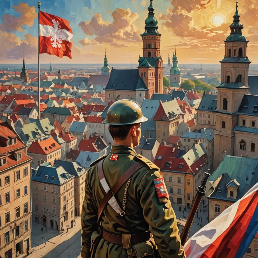 Polish Soldier with National Banner in Oil Painting Style
