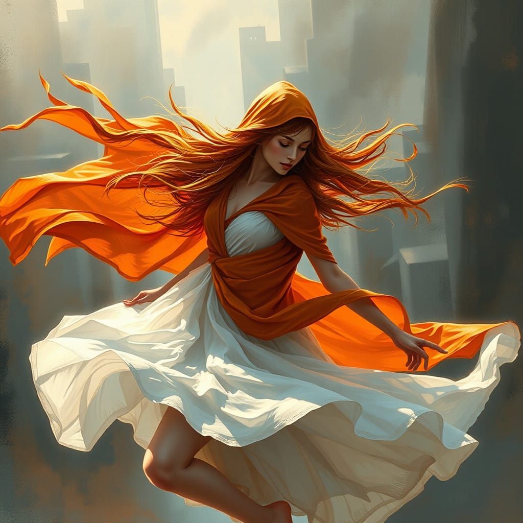 Surreal Fantasy Woman Lost in Whirlwind Movement, Cityscape...