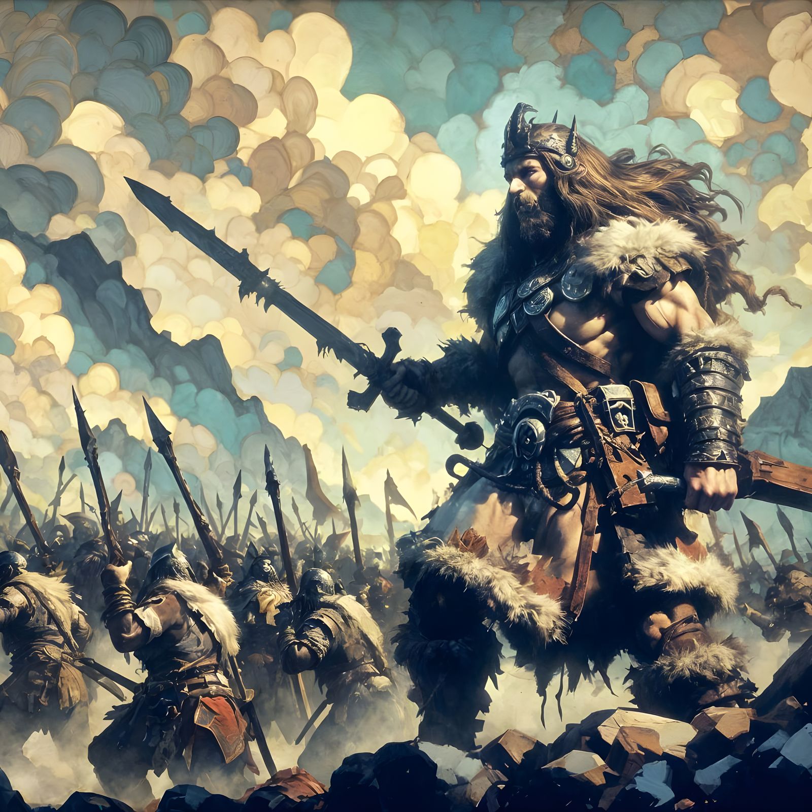 Barbarian Warrior in Sfumato Chiaroscuro Battle