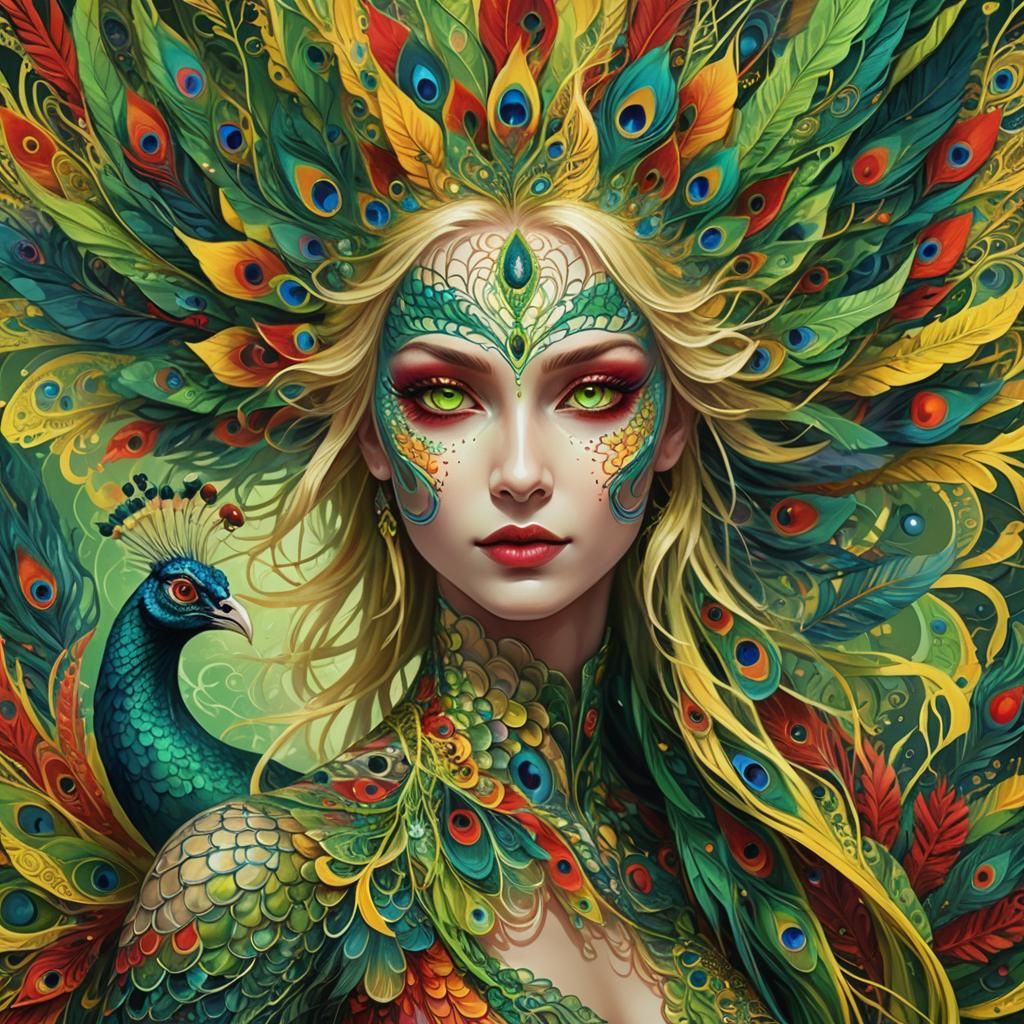 Elegant Fractal Dragon Peacock Woman in Neon Hues