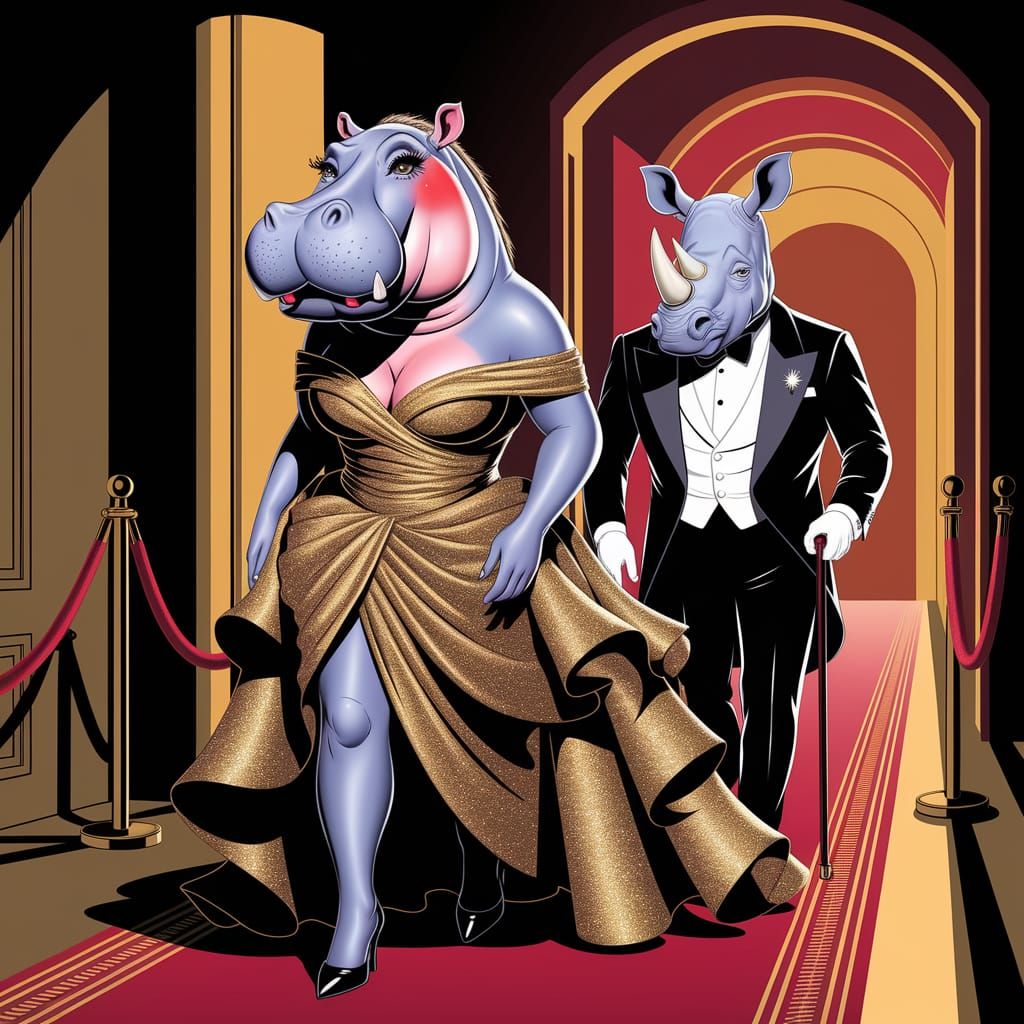 Majestic Hippo in Gold Gown and Rhino in Tuxedo Stroll Down ...