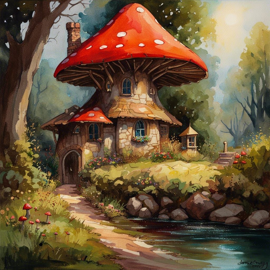 Fairytale Cottagecore Scene in Watercolor Style
