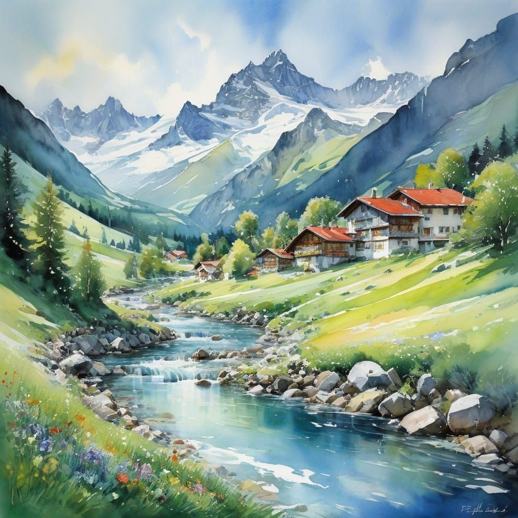 Majestic Swiss Alps Landscape in Watercolor Style
