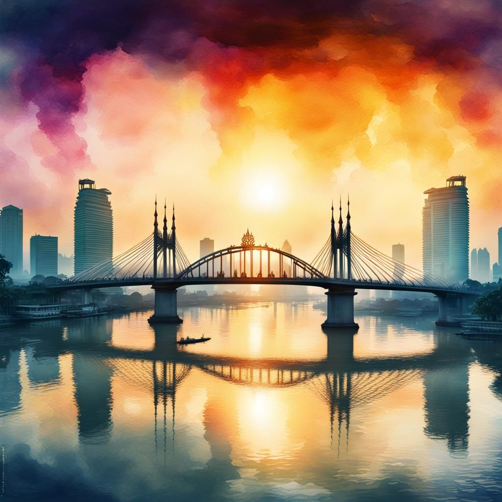 Rama Bridge in Bangkok: Digital Watercolor Silhouette