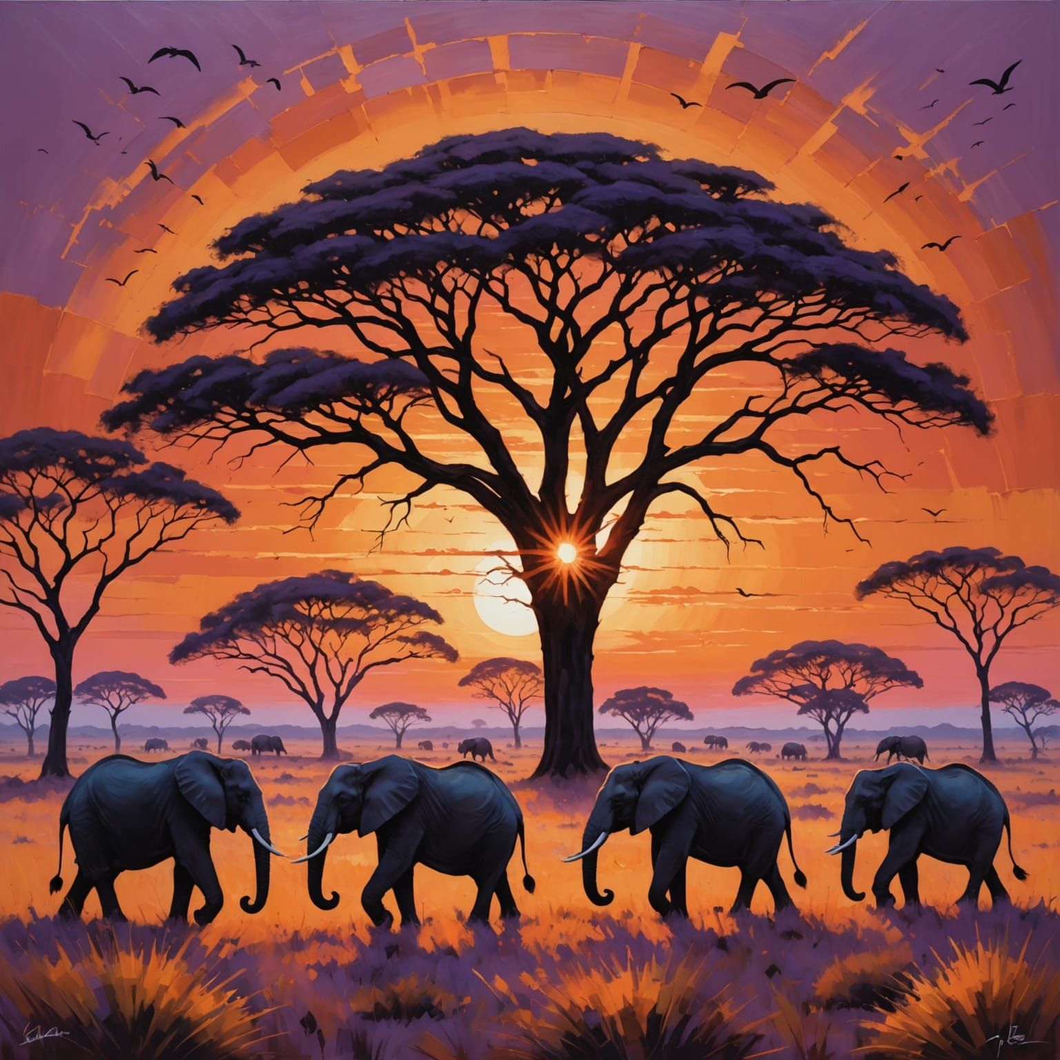 Sweeping African Savannah Sunset with Majestic Acacia Trees