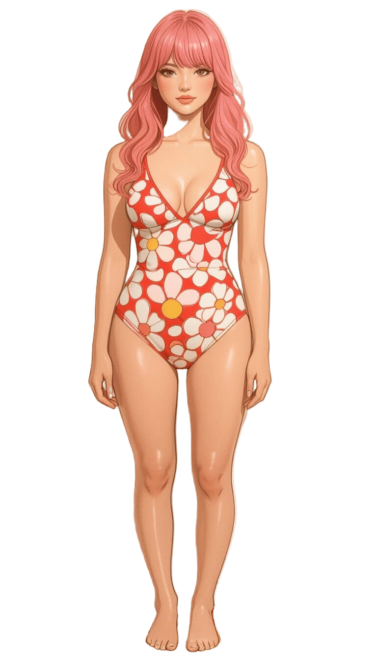 Pink-Haired Woman in Red Swimsuit on Beach