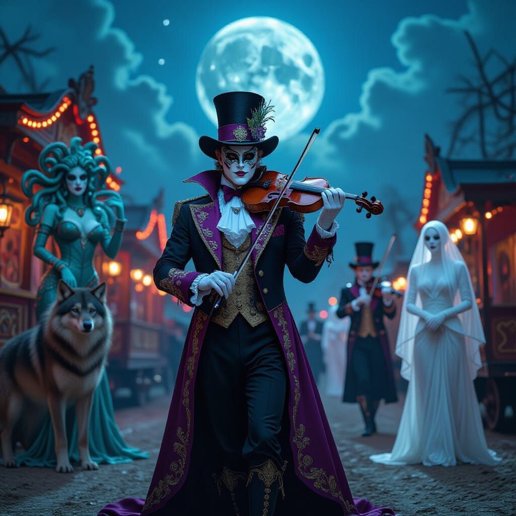 Mystical Ringmaster's Gothic Carnival Under Moonlight