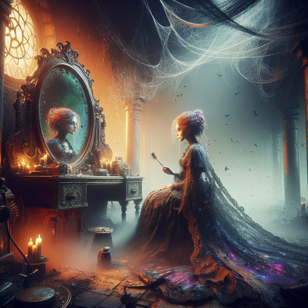 Lonely Miss Havisham at Vanity Mirror: Fantasy Matte Paintin...