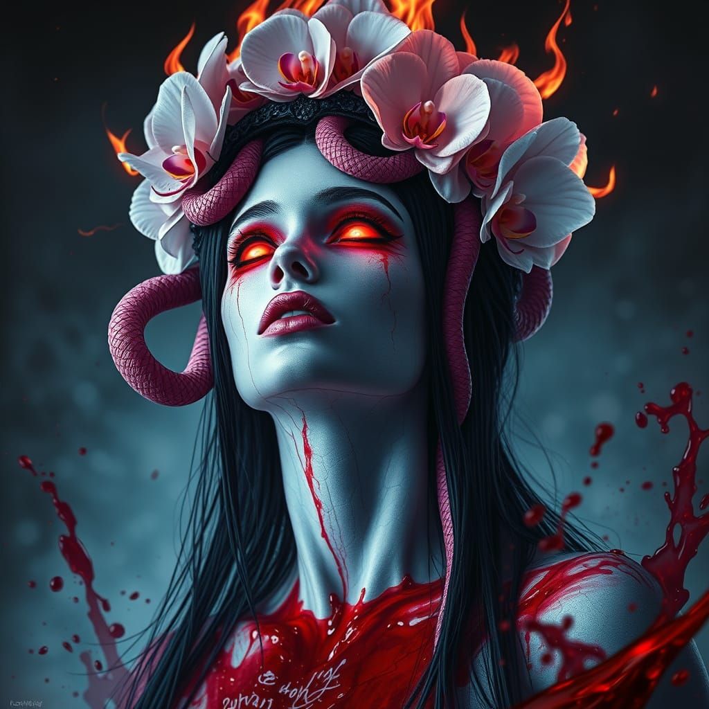 Goddess with Orchid Crown in Dramatic Lighting