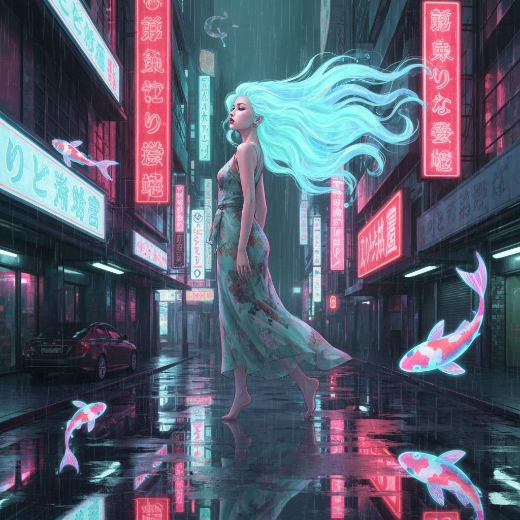 Ethereal Bioluminescent Woman in Cyberpunk City with Hologra...