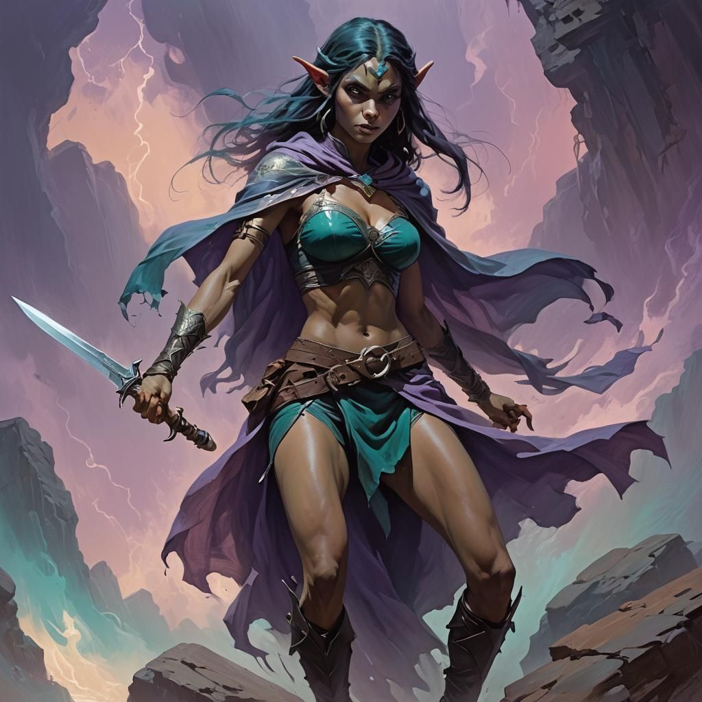 Dynamic fantasy concept art. Low-angle medium shot. Shadow Elf in a dynamic pose and daggers in hand, cloaked, pale purp...
