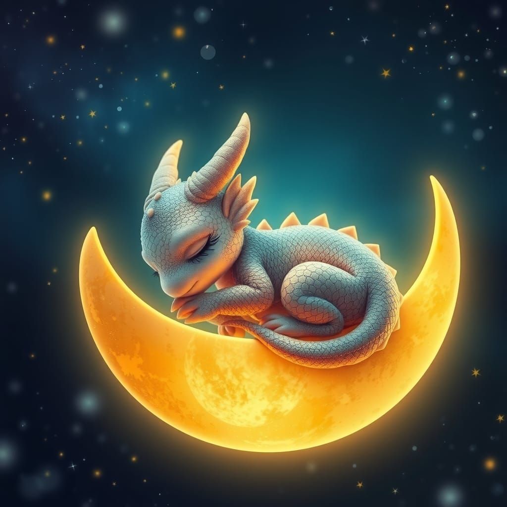 Baby Dragon Sleeping on Moon in Fantasy Art Style