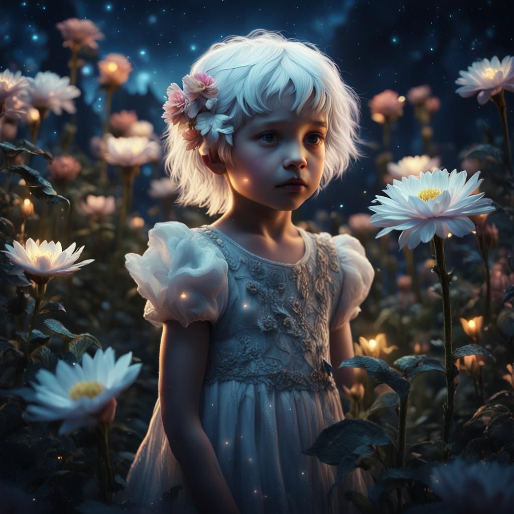 Fairy Child with Flowers: Gouache and Watercolor Digital Art