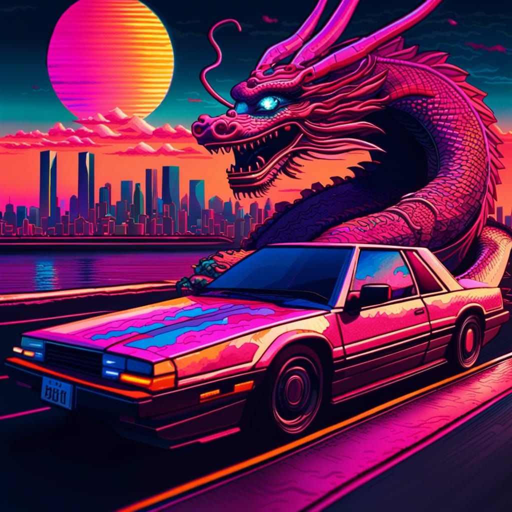 80s Car and Pixel Dragon in Synthwave Sunset