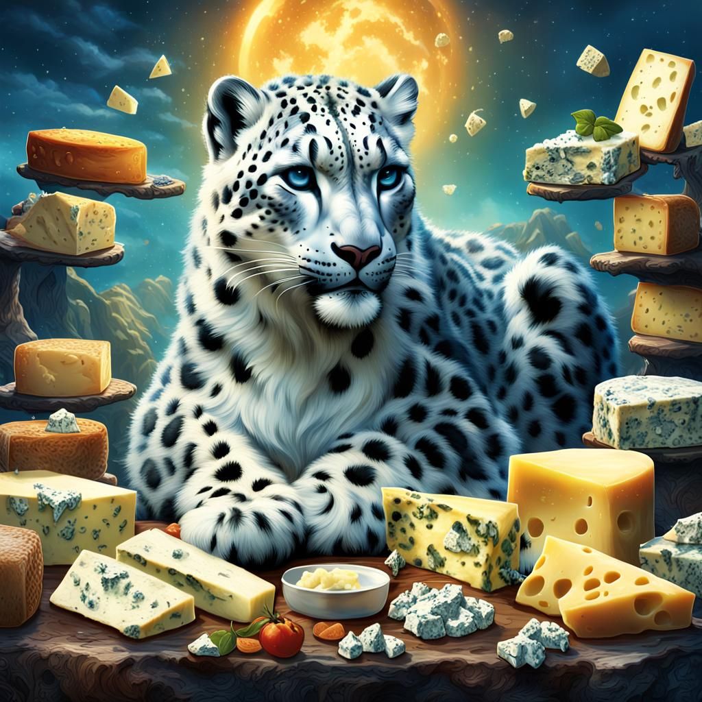 Snow Leopard Surrounded by Cheese: Retro Art