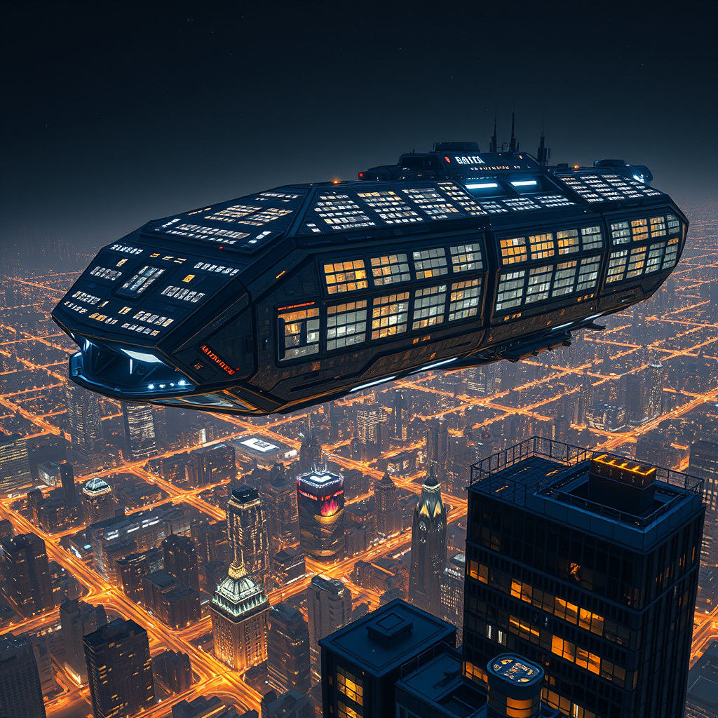 Colossal Spaceship Soaring Over Cityscape in Futuristic Styl...
