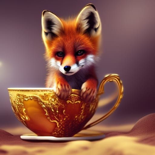 Baby Fox in Teacup: 4K Digital Art
