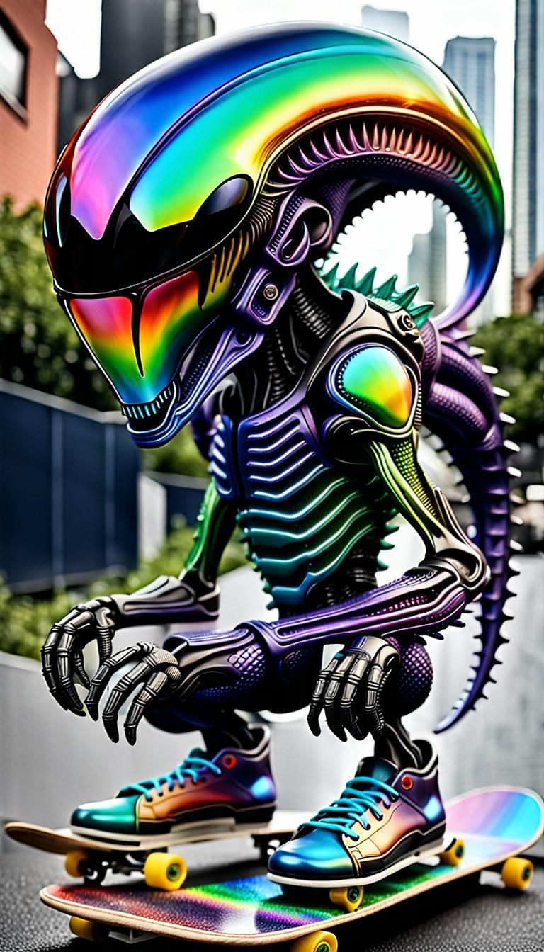 Rainbow Glass Xenomorph on Skateboard