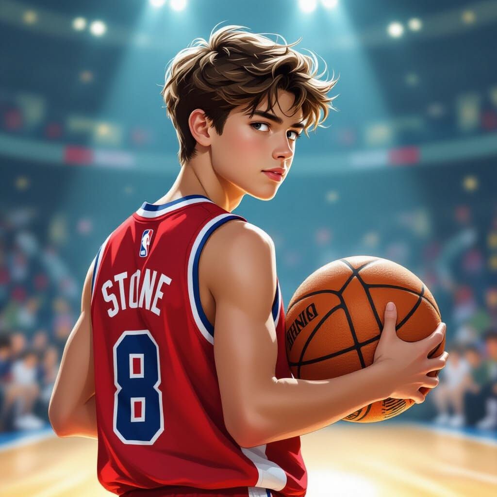 Teenage Basketball Player in Red Jersey Holding Ball