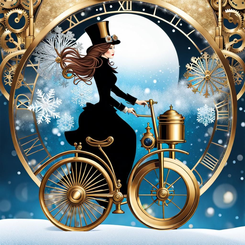 Steampunk Woman Rides Clockwork Bicycle in Winter