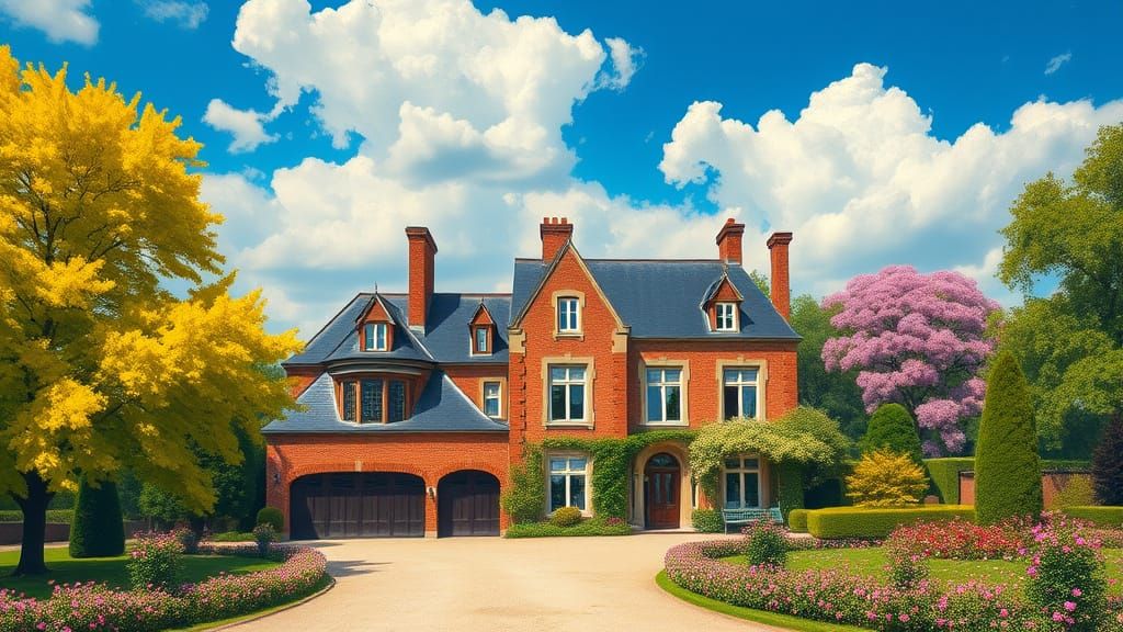 Grand Brick Chateau Amidst Vibrant Gardens