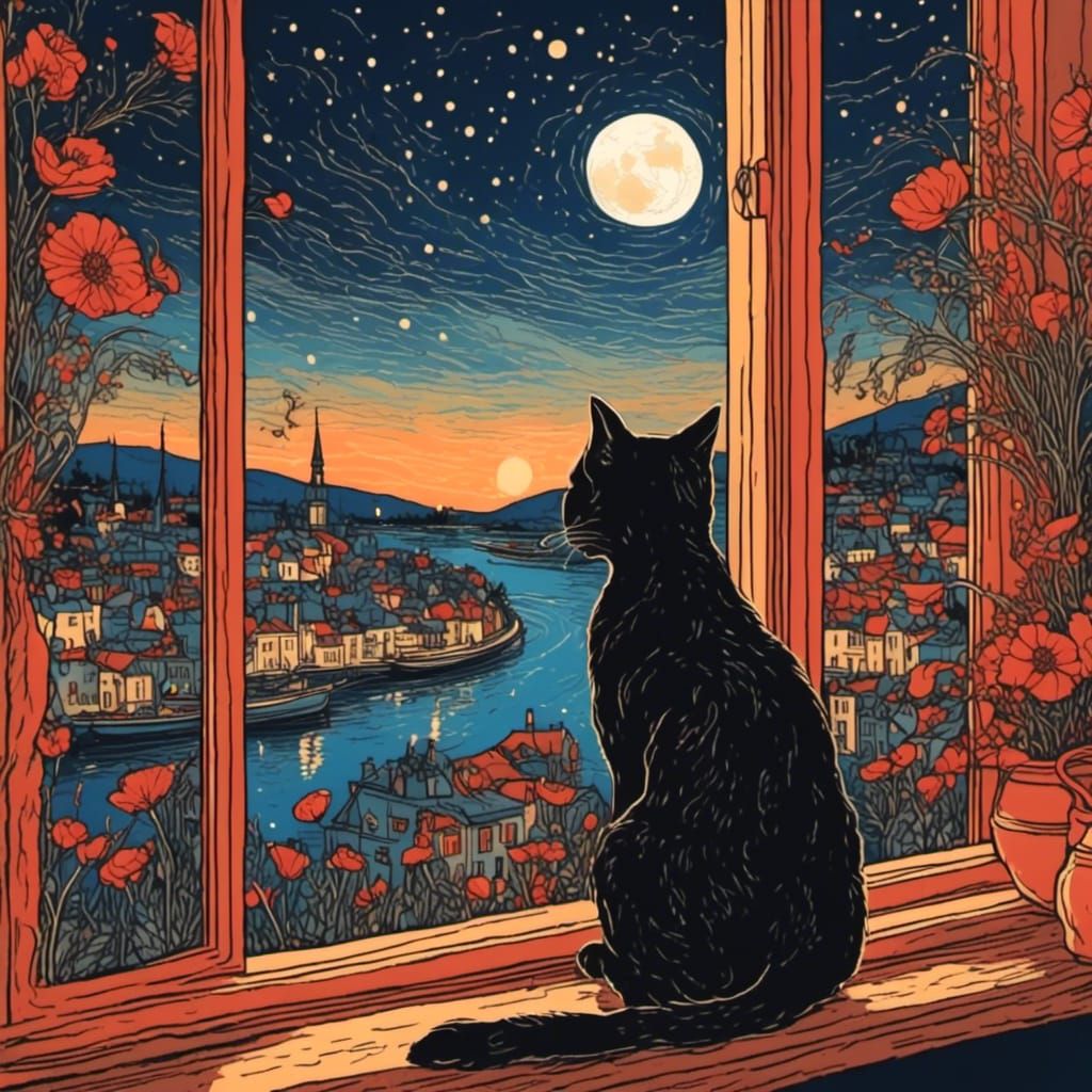 Cat Watches River Boats in Palekh Style