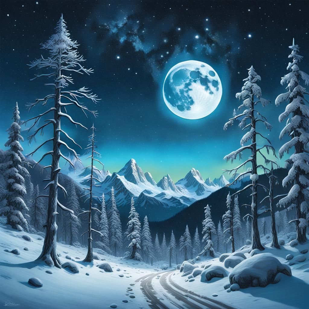 Magical Winter Landscape Under Starry Night, Matte Painting