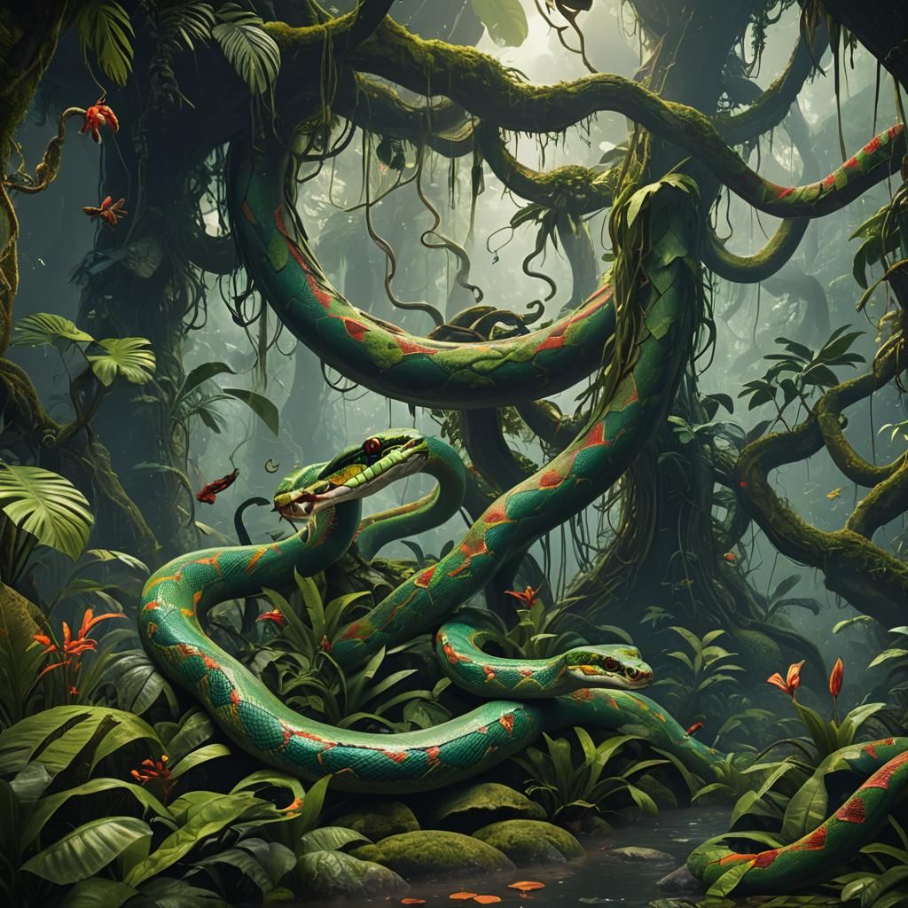 Snakes in a Lush Rainforest Habitat