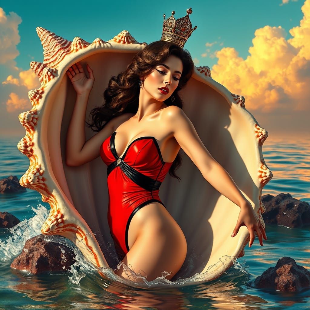 Queen of Diamonds Rises from Seashell in Botticelli Pose