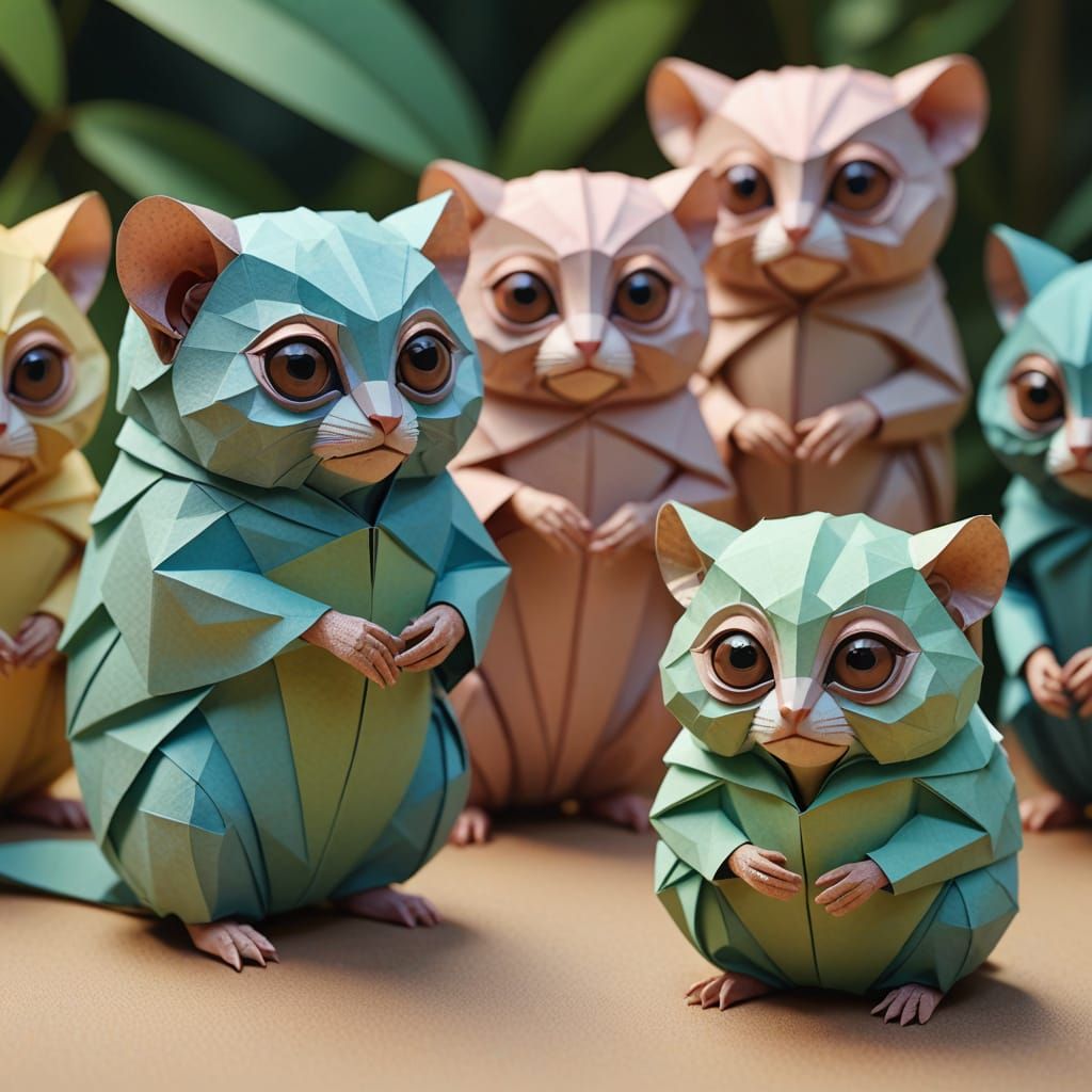 Whimsical Tarsiers Explore Origami Forms in Soft Focus