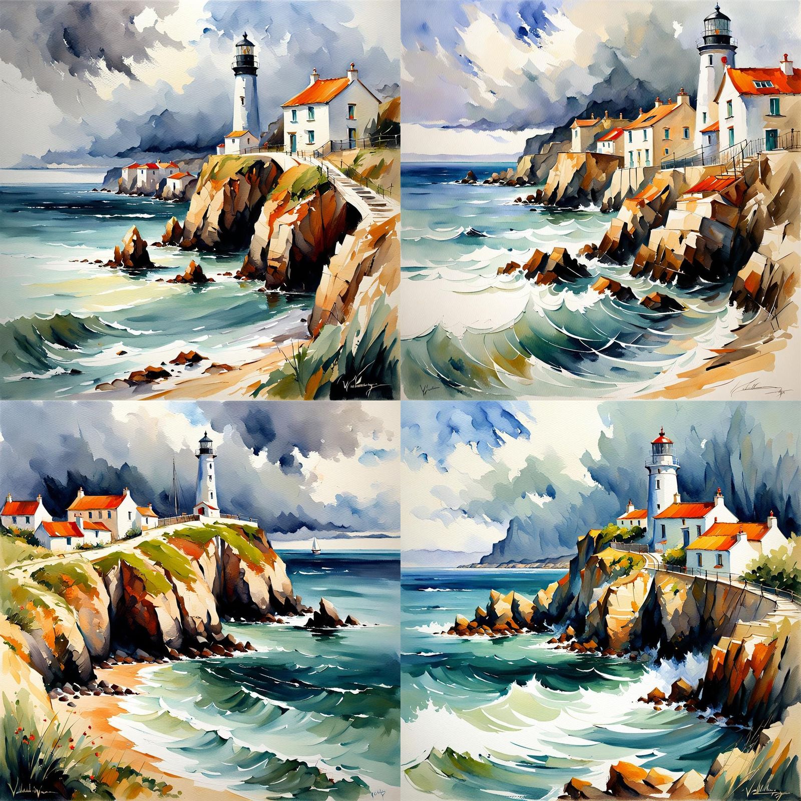 Stormy Coastal Village Lighthouse: Watercolor Painting