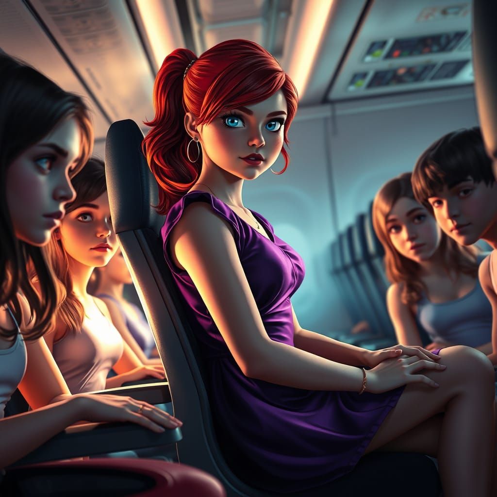 Red-Haired Spy in Purple Dress on a Teenager-Filled Airplane