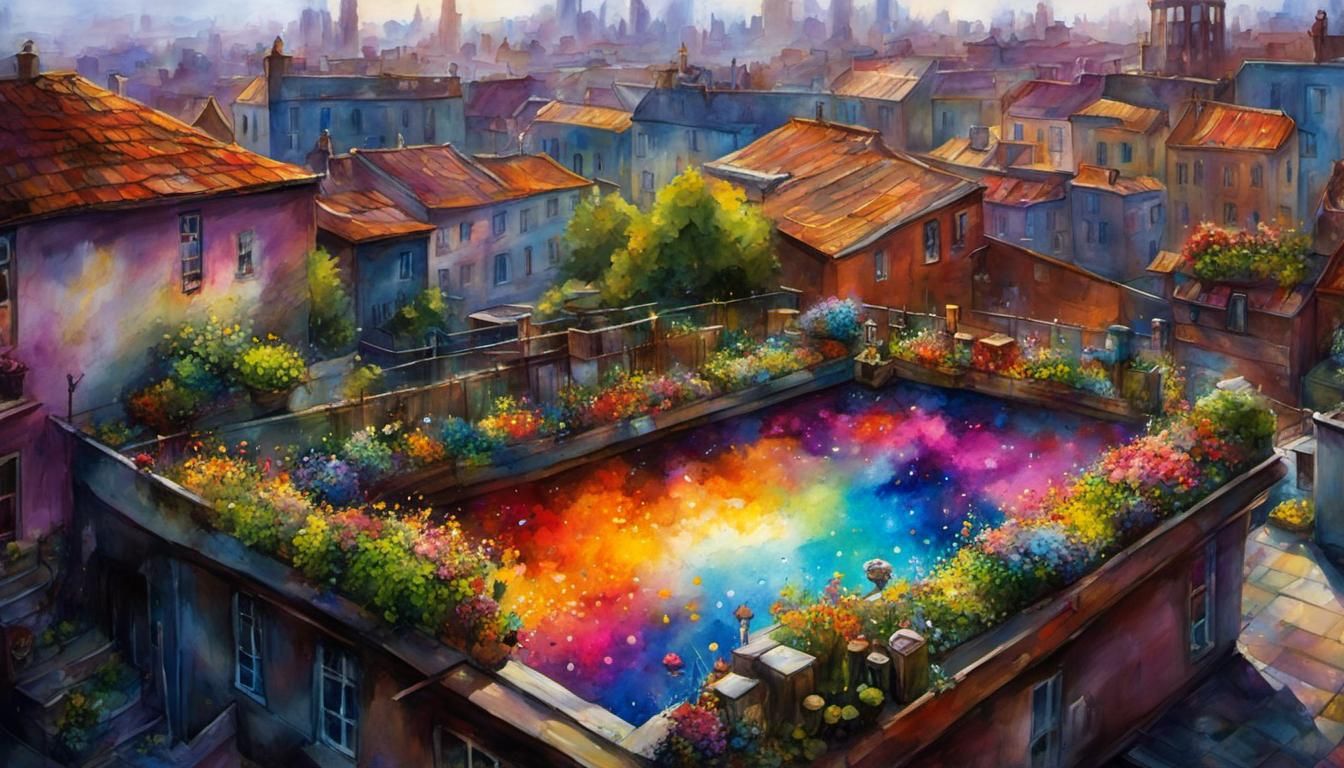 Romantic Rooftop Garden in Splashy Watercolor Style