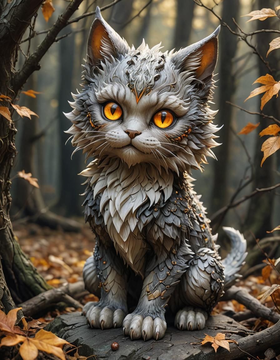 Autumn Forest: Chibi Cat-Dragon Hybrid Illustration